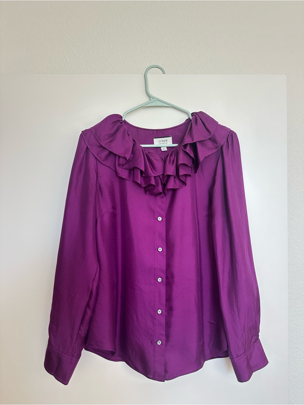 J. Crew Magenta Ruffle Collar Button-Down Shirt 100%Silk